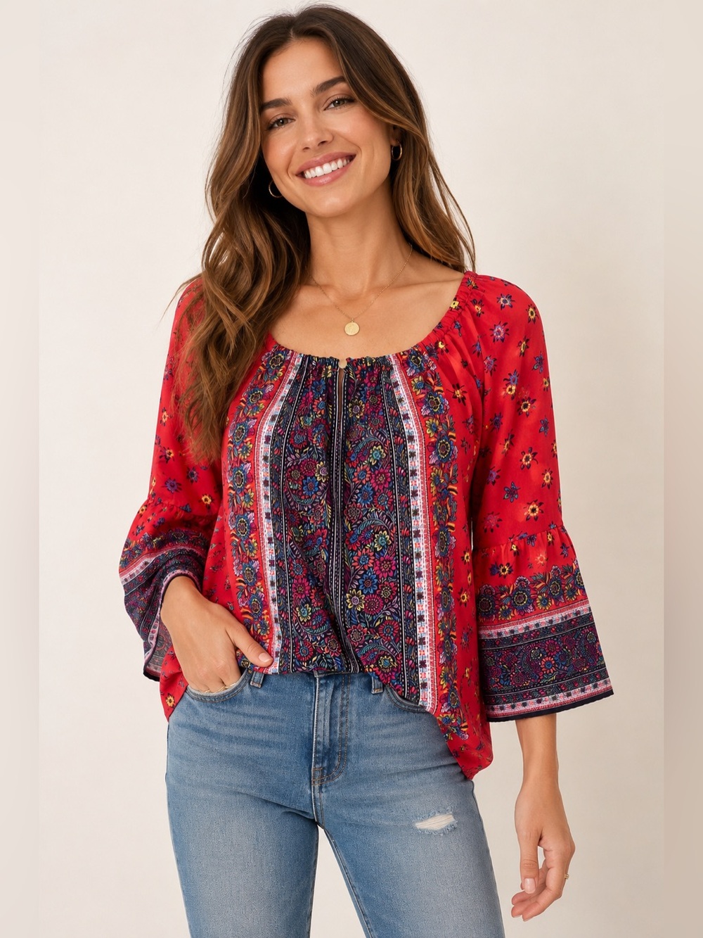 Nanette Lepore The Godfather Boho Blouse Red Print Size S